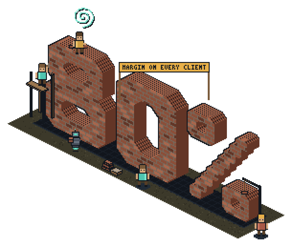 Pixel-art brick structure shaped like 80%, still under construction: builders on scaffolding and the top course, a hoist lowering a brick, and a raised banner reading margin on every client