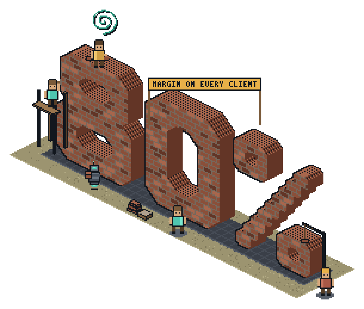Pixel-art brick structure shaped like 80%, still under construction: builders on scaffolding and the top course, a hoist lowering a brick, and a raised banner reading margin on every client