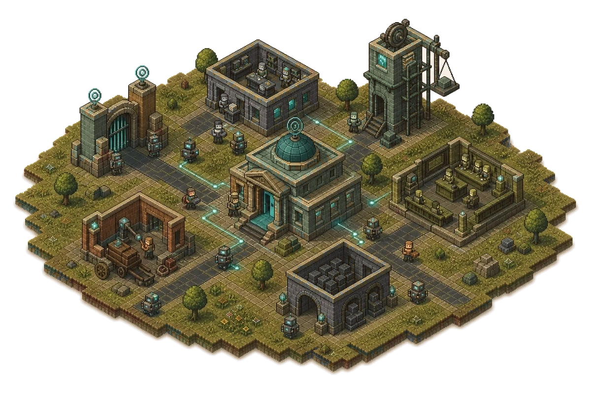 One operating city system connecting a people-facing hall to identity, records, durable work, recovery, and run history