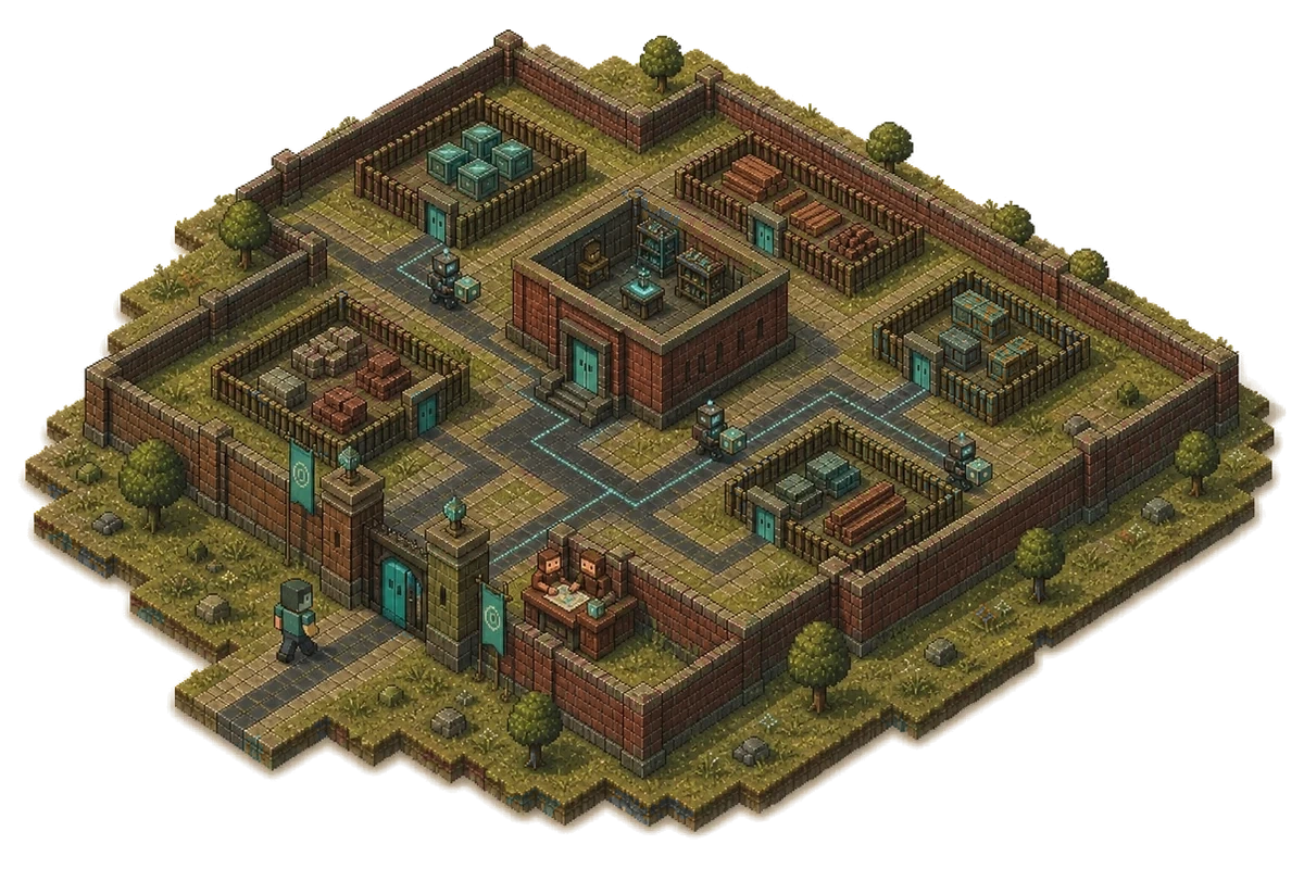 A fortified city district separating identity, credentials, and isolated resource courtyards with one approved access path